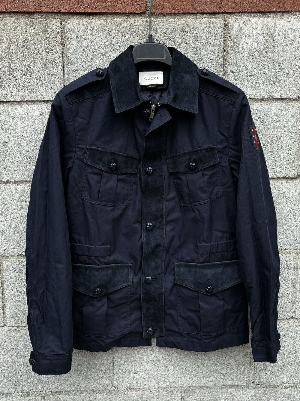 GUCCI Cotton Blend Leather Washed Gabardine Jacket Blue Sz 48 US 38